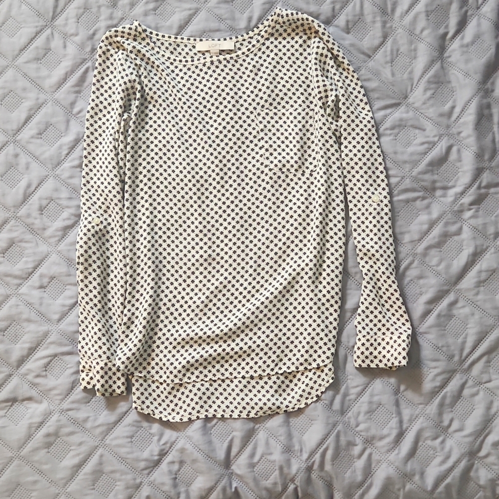 Ivory blouse with (black & burgundy pattern), Loft, pre loved,  small